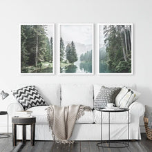Load image into Gallery viewer, Foggy Forest River with Trees and Mountain - White Frames
