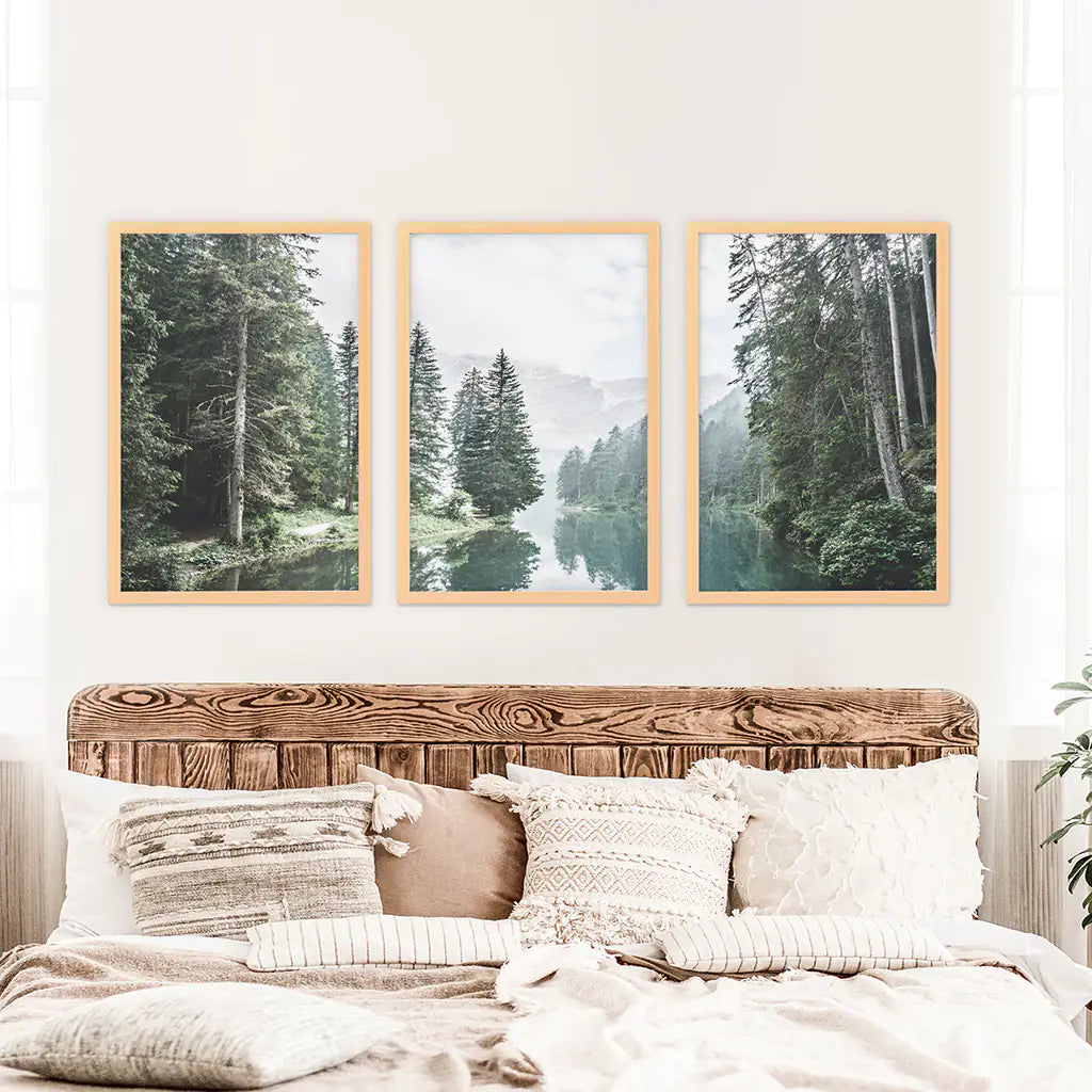 Foggy Forest River with Trees and Mountain - Wood Frames