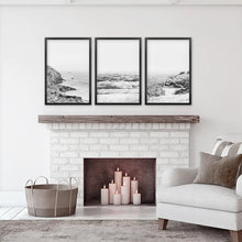 Load image into Gallery viewer, Black White Ocean Wall Art Set of 3. Rocky Beach, Waves. Black Frames

