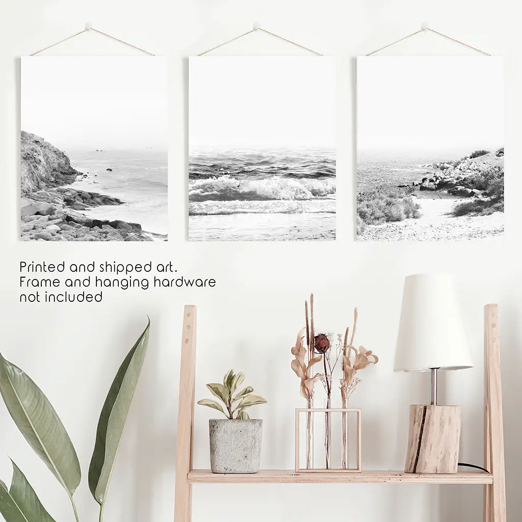 Black White Ocean Wall Art Set of 3. Rocky Beach, Waves. Unframed Prints