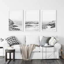 Load image into Gallery viewer, Black White Ocean Wall Art Set of 3. Rocky Beach, Waves. White Frames
