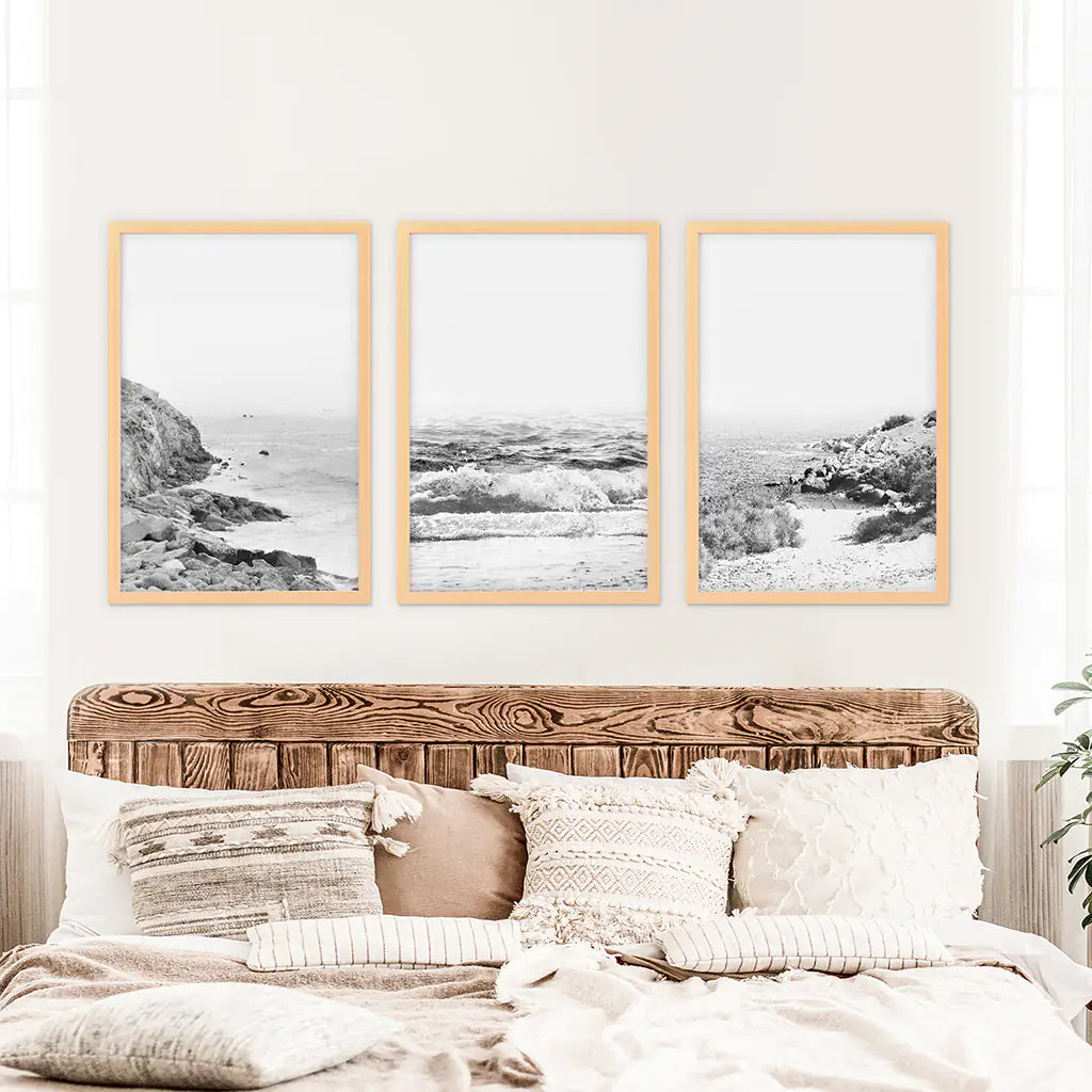 Black White Ocean Wall Art Set of 3. Rocky Beach, Waves. Wood Frames