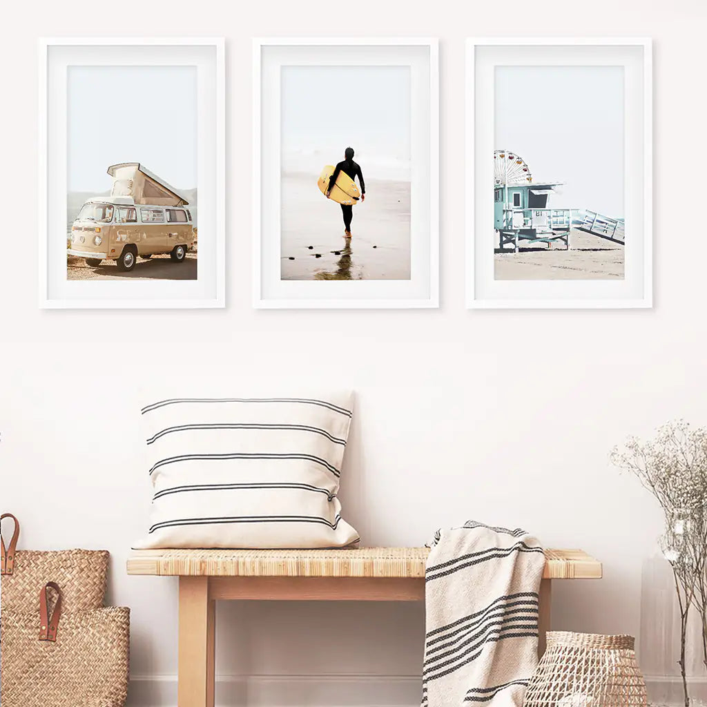 Surfer on the Sand Wall Art Set. Yellow Bus, Lifeguard Tower