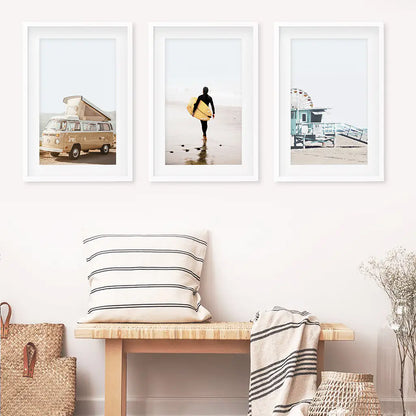 Surfer on the Sand Wall Art Set. Yellow Bus, Lifeguard Tower