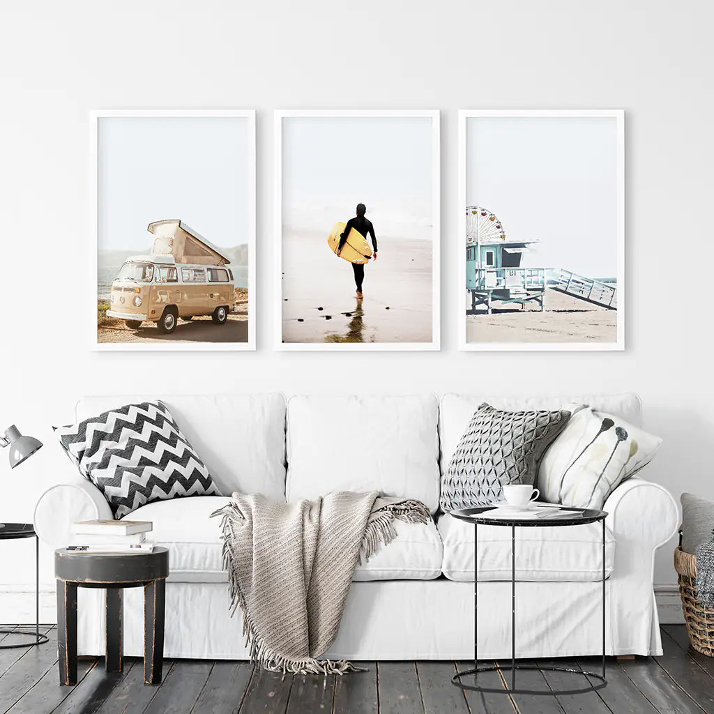 Surfer on the Sand Wall Art Set. Yellow Bus, Lifeguard Tower