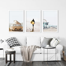 Load image into Gallery viewer, Surfer on the Sand Wall Art Set. Yellow Bus, Lifeguard Tower
