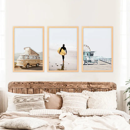 Surfer on the Sand Wall Art Set. Yellow Bus, Lifeguard Tower