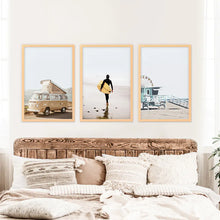 Load image into Gallery viewer, Surfer on the Sand Wall Art Set. Yellow Bus, Lifeguard Tower
