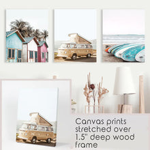 Load image into Gallery viewer, Coastal Set of 3 Prints in Beige, Blue and Pink Tones. Ocean Beach with Surfboards, Cabins, Yellow Travel Van. Wrapped Canvas
