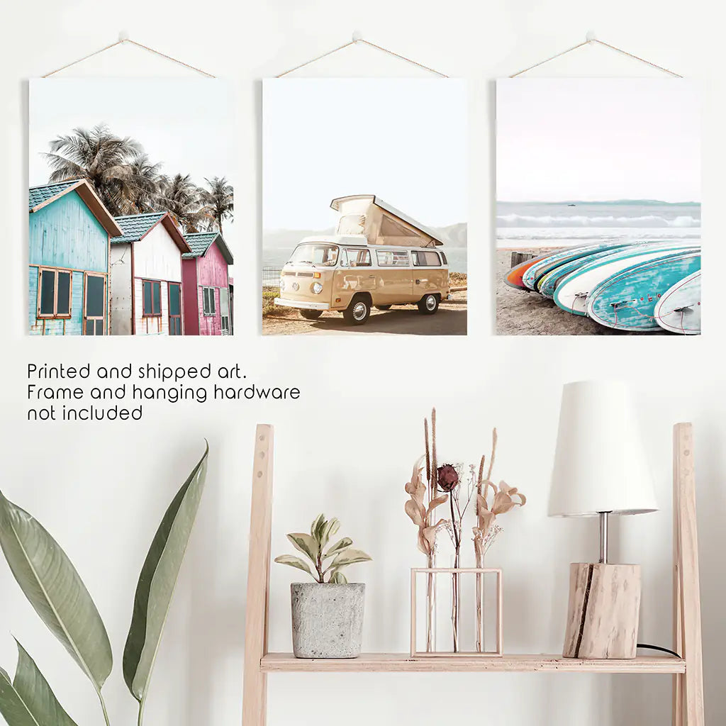 Coastal Set of 3 Prints in Beige, Blue and Pink Tones. Ocean Beach with Surfboards, Cabins, Yellow Travel Van. Unframed Art
