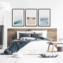 Load image into Gallery viewer, Beige Sandy Beach, Blue Ocean Waves, Surfers. Set of 3 Prints. Black Frames with Mat
