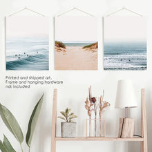 Load image into Gallery viewer, Beige Sandy Beach, Blue Ocean Waves, Surfers. Set of 3 Prints. Unframed Art

