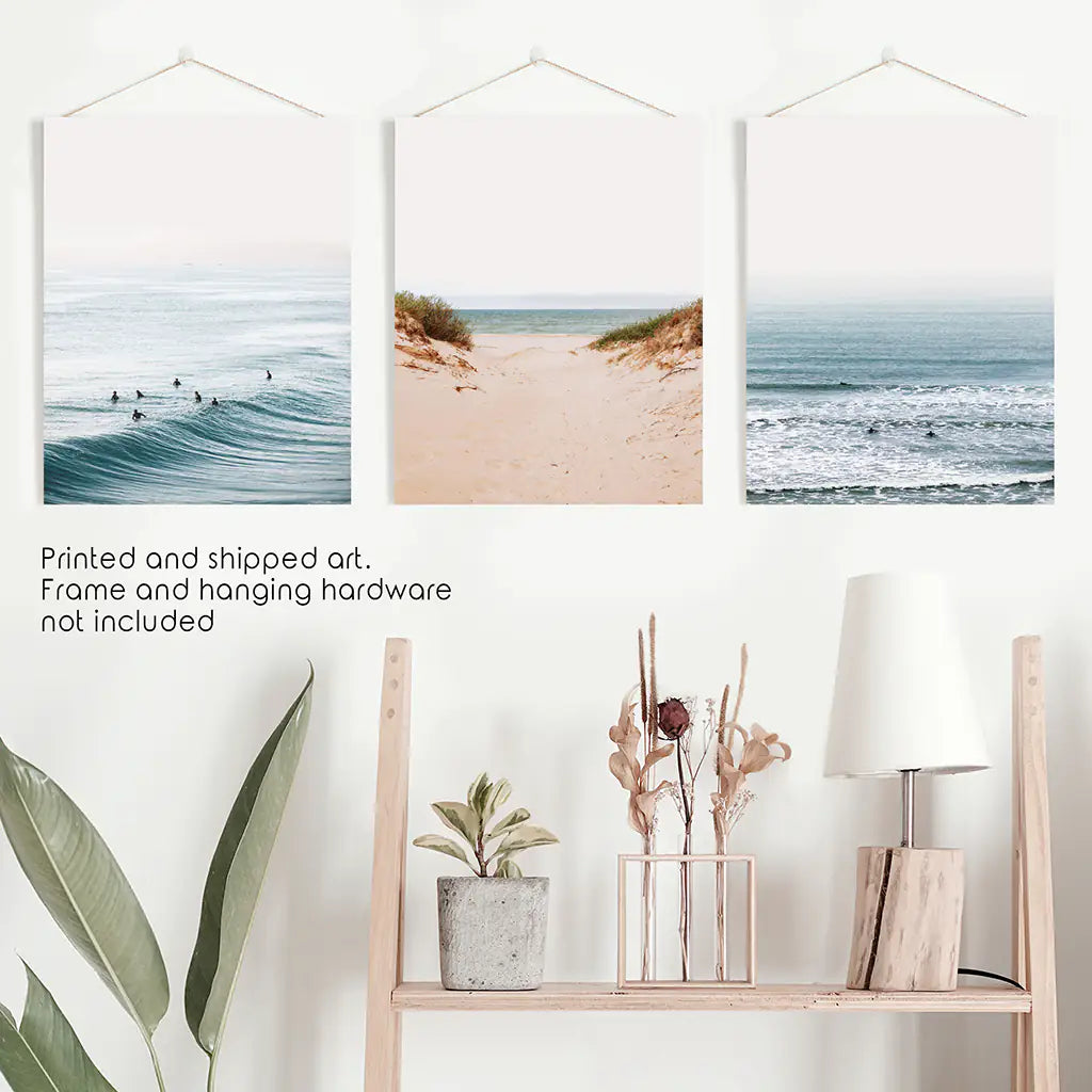Beige Sandy Beach, Blue Ocean Waves, Surfers. Set of 3 Prints. Unframed Art
