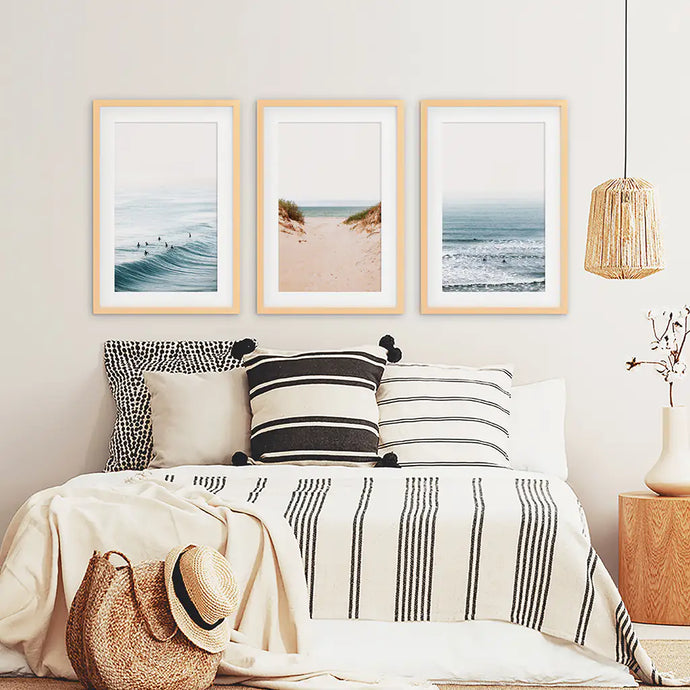 Beige Sandy Beach, Blue Ocean Waves, Surfers. Set of 3 Prints. Wood Frames with Mat