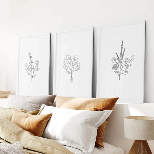 Flower Line Art Set of 3 Prints - Botanical Wall Décor