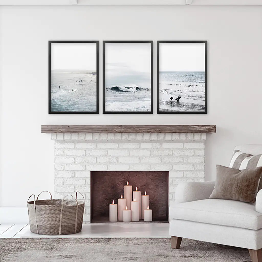 Set of 3 Navy Blue Ocean Wall Decor. Surfers, Waves. Black Frames