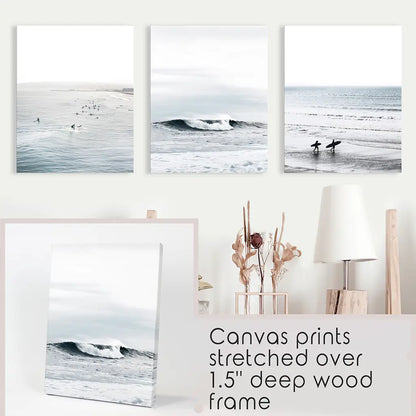 Set of 3 Navy Blue Ocean Wall Decor. Surfers, Waves. Stretched Canvas Prints