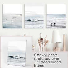 Load image into Gallery viewer, Set of 3 Navy Blue Ocean Wall Decor. Surfers, Waves. Stretched Canvas Prints
