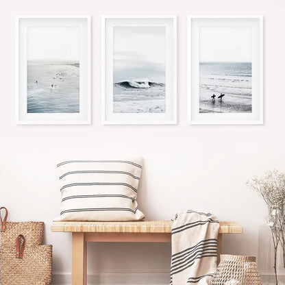 Set of 3 Navy Blue Ocean Wall Decor. Surfers, Waves. White Frames with Mat