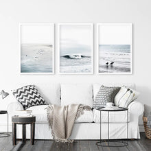 Load image into Gallery viewer, Set of 3 Navy Blue Ocean Wall Decor. Surfers, Waves. White Frames
