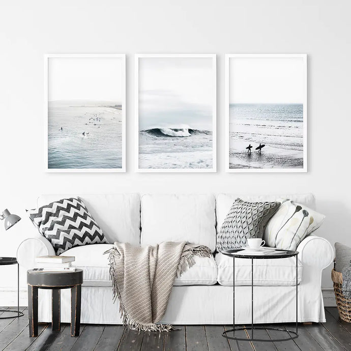 Set of 3 Navy Blue Ocean Wall Decor. Surfers, Waves. White Frames