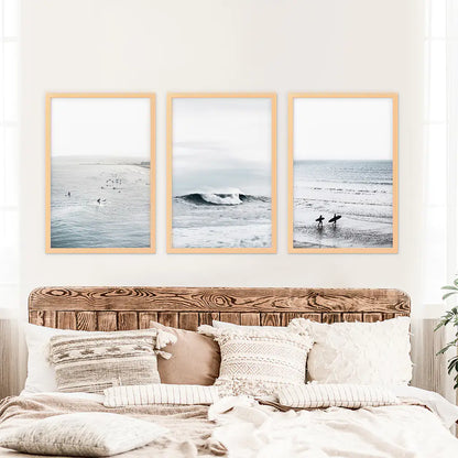 Set of 3 Navy Blue Ocean Wall Decor. Surfers, Waves. Wood Frames