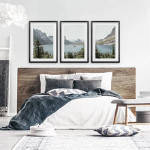 Load image into Gallery viewer, Montana Glacier National Park Triptych. Mountain Lake Wall Art Set. Black Frames with Mat

