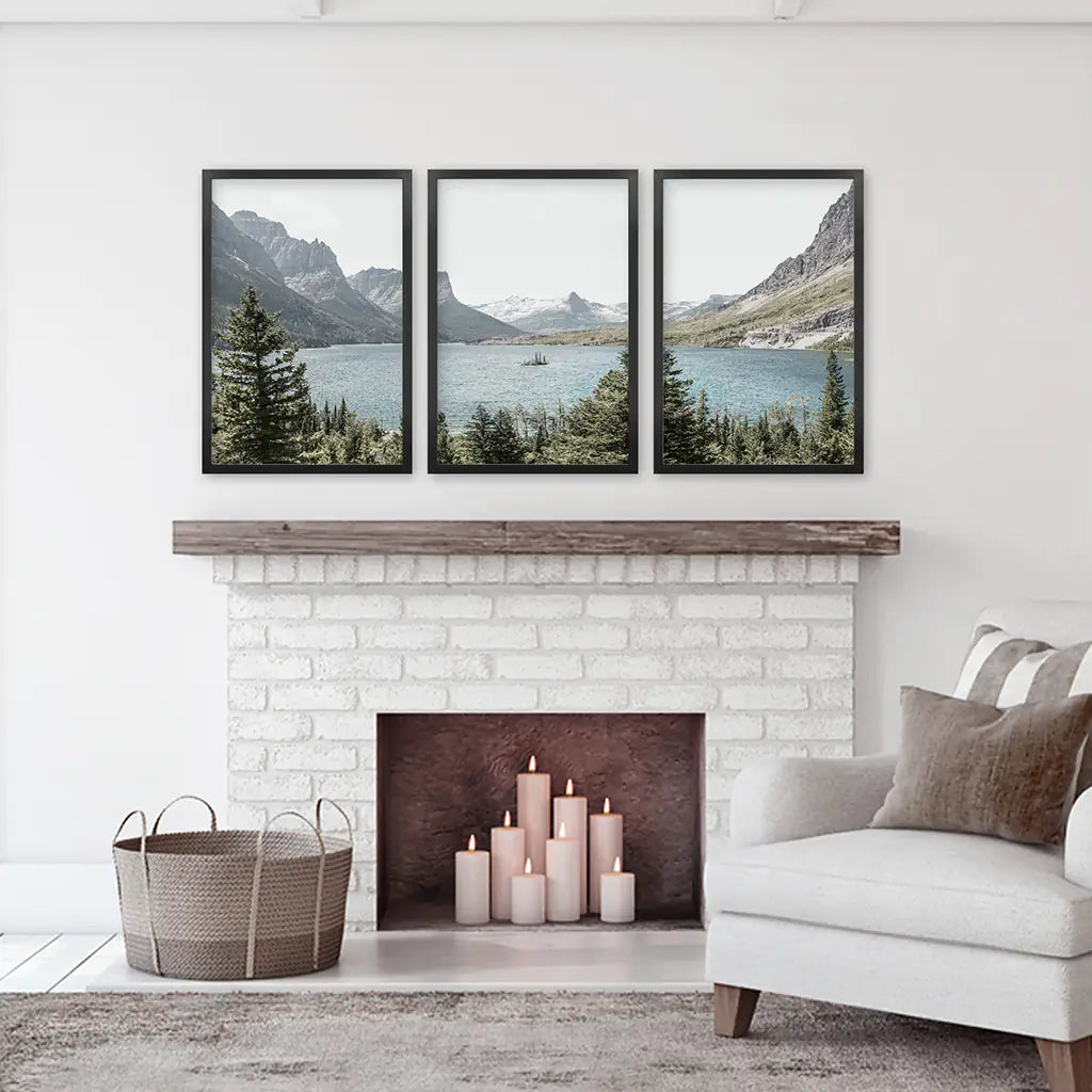 Montana Glacier National Park Triptych. Mountain Lake Wall Art Set. Black Frames