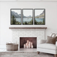 Load image into Gallery viewer, Montana Glacier National Park Triptych. Mountain Lake Wall Art Set. Black Frames
