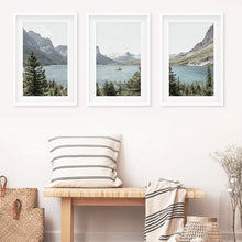 Load image into Gallery viewer, Montana Glacier National Park Triptych. Mountain Lake Wall Art Set. White Frames with Mat
