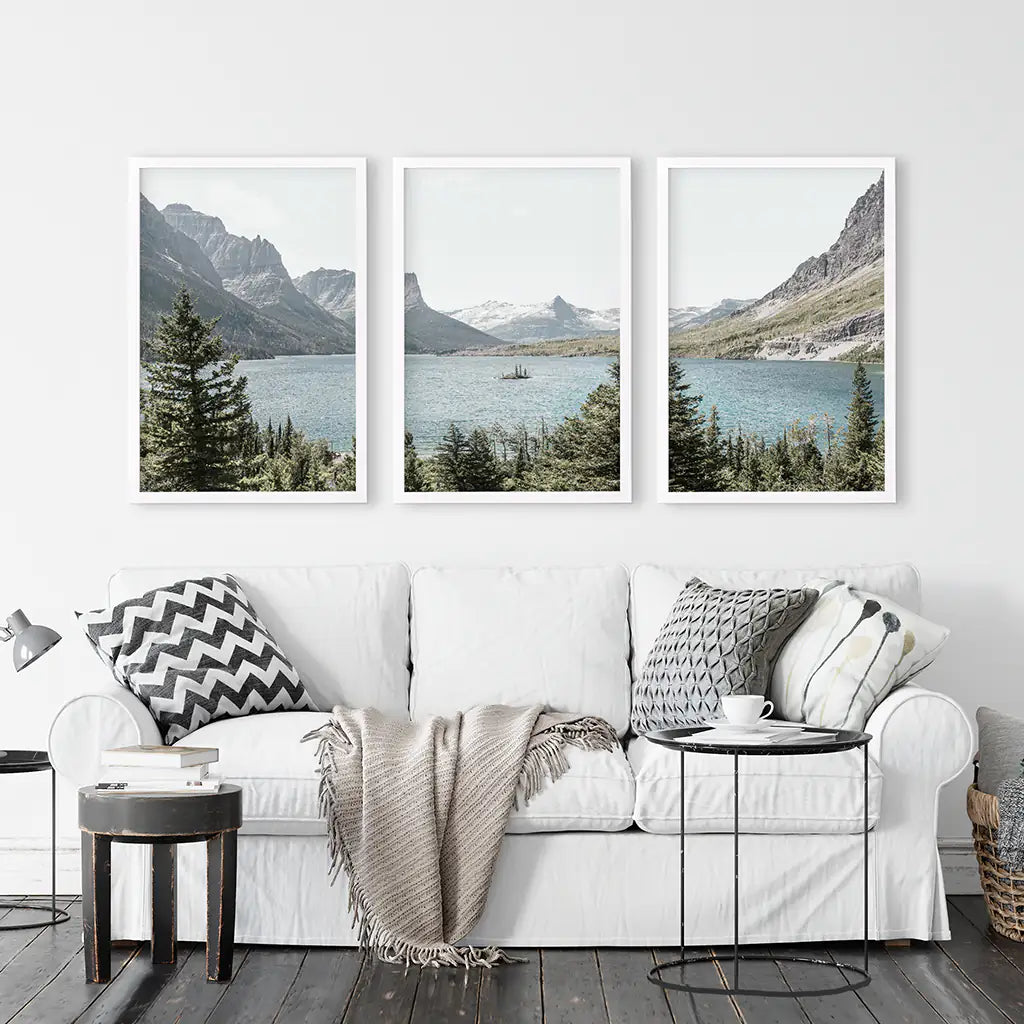 Montana Glacier National Park Triptych. Mountain Lake Wall Art Set. White Frames