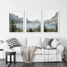 Load image into Gallery viewer, Montana Glacier National Park Triptych. Mountain Lake Wall Art Set. White Frames
