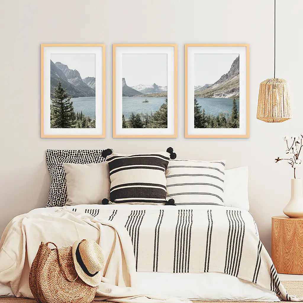 Montana Glacier National Park Triptych. Mountain Lake Wall Art Set. Wood Frames with Mat