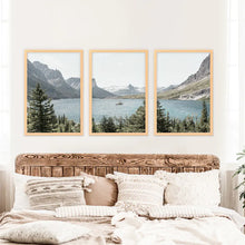 Load image into Gallery viewer, Montana Glacier National Park Triptych. Mountain Lake Wall Art Set. Wood Frames

