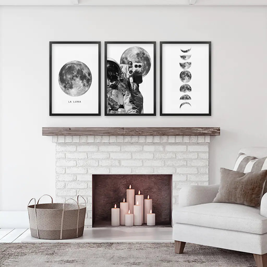 Moon Phases and Astronaut Set of 3 Wall Prints. Black Frames