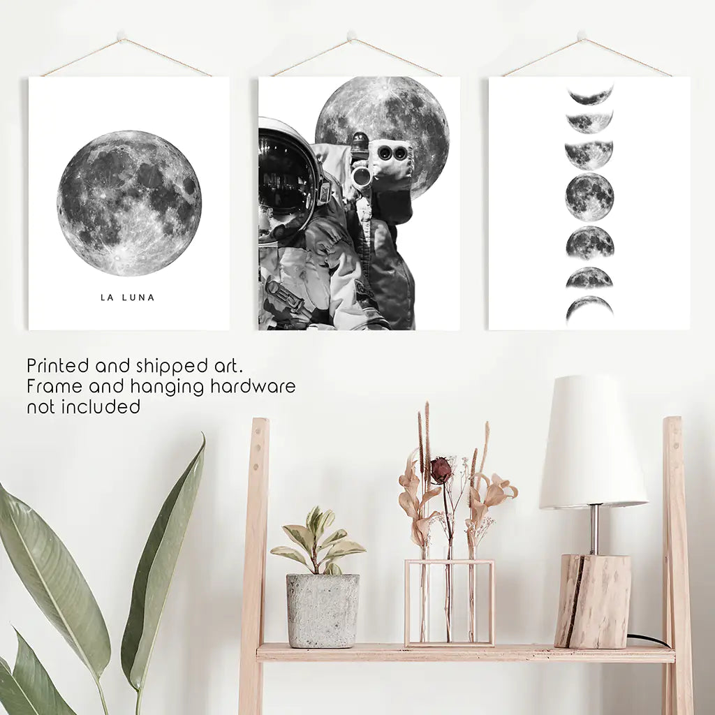 Moon Phases and Astronaut Set of 3 Wall Prints. Unframed Posters