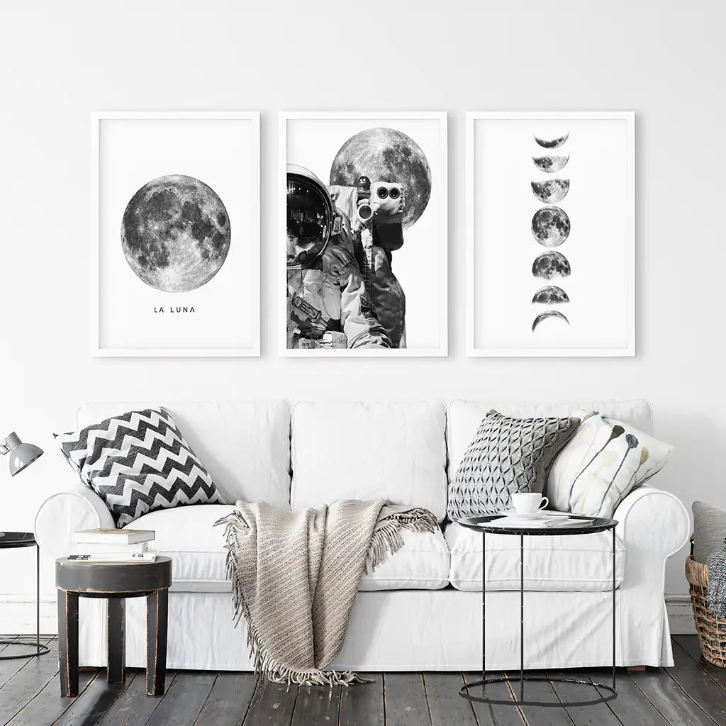 Moon Phases and Astronaut Set of 3 Wall Prints. White Frames