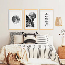Load image into Gallery viewer, Moon Phases and Astronaut Set of 3 Wall Prints. Wood Frames with Mat
