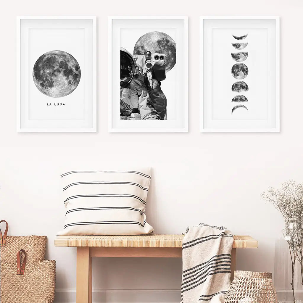 Moon Phases and Astronaut Set of 3 Wall Prints. White Frame with Mat