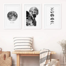 Load image into Gallery viewer, Moon Phases and Astronaut Set of 3 Wall Prints. White Frame with Mat
