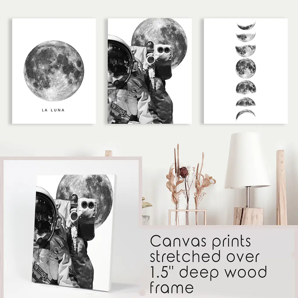 Moon Phases and Astronaut Set of 3 Wall Prints. Stretched Canvases