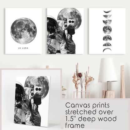 Moon Phases and Astronaut Set of 3 Wall Prints. Stretched Canvases