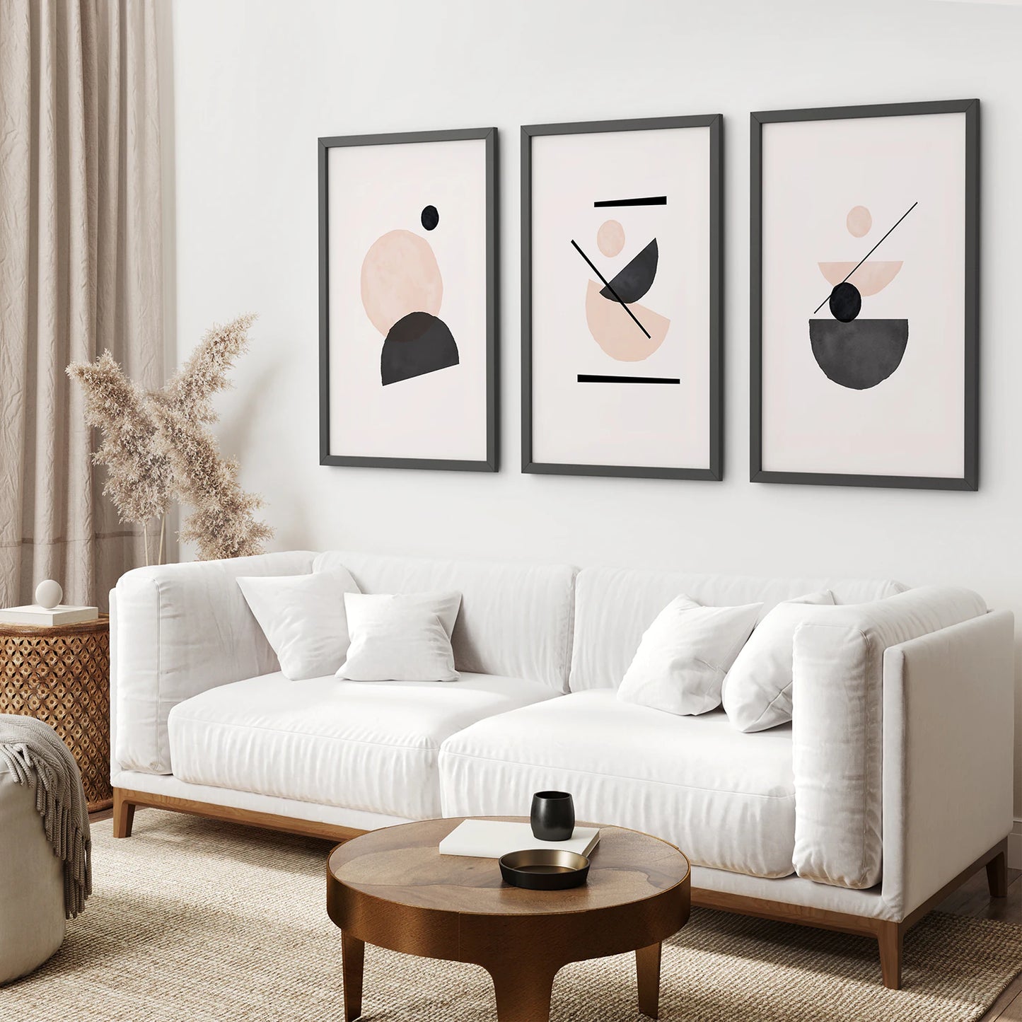 3 Piece Mid-Century Abstract Art. Beige and Black