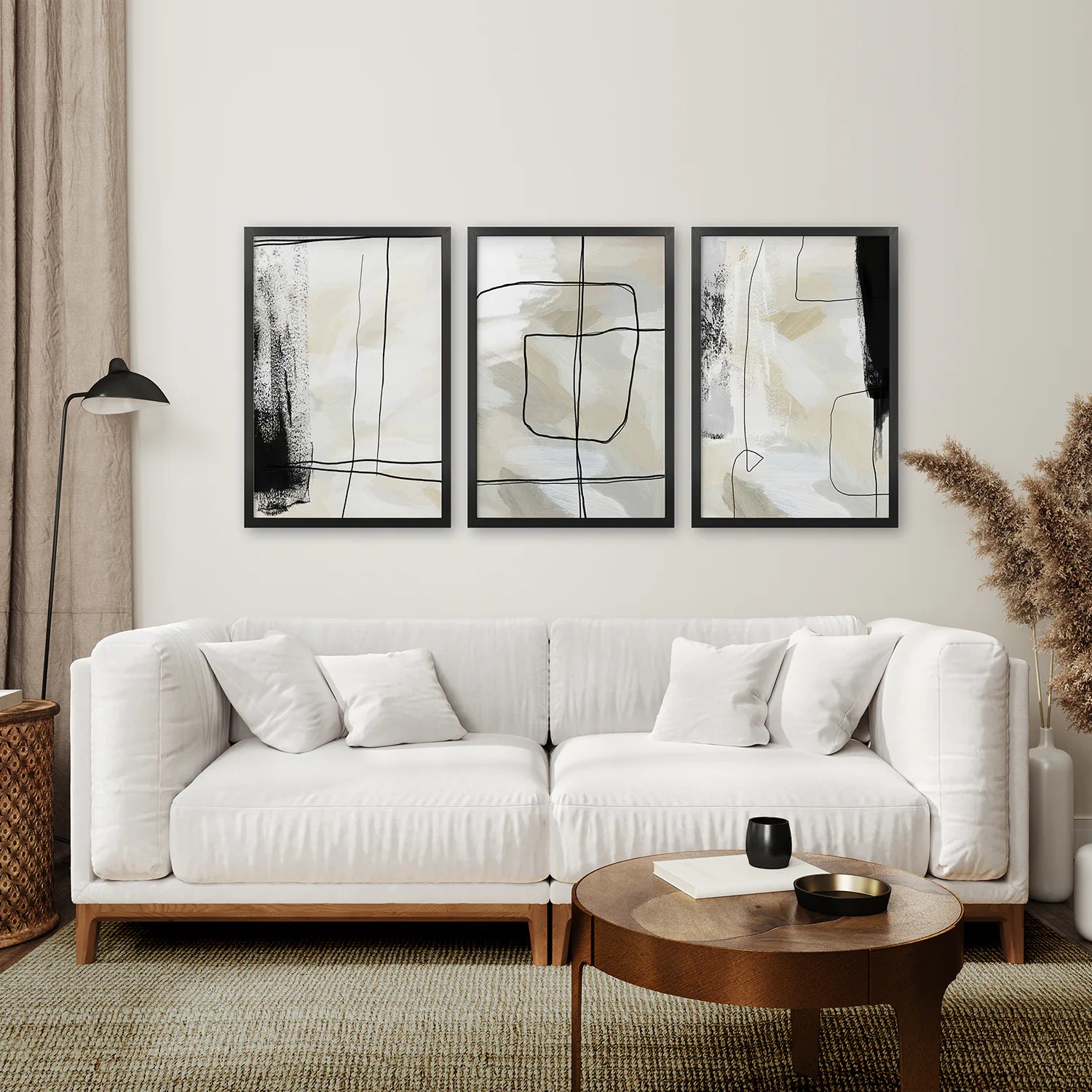 Black and Beige Minimalist Set of 3 Pieces. Nordic Abstract Style. Black Frame. Living Room