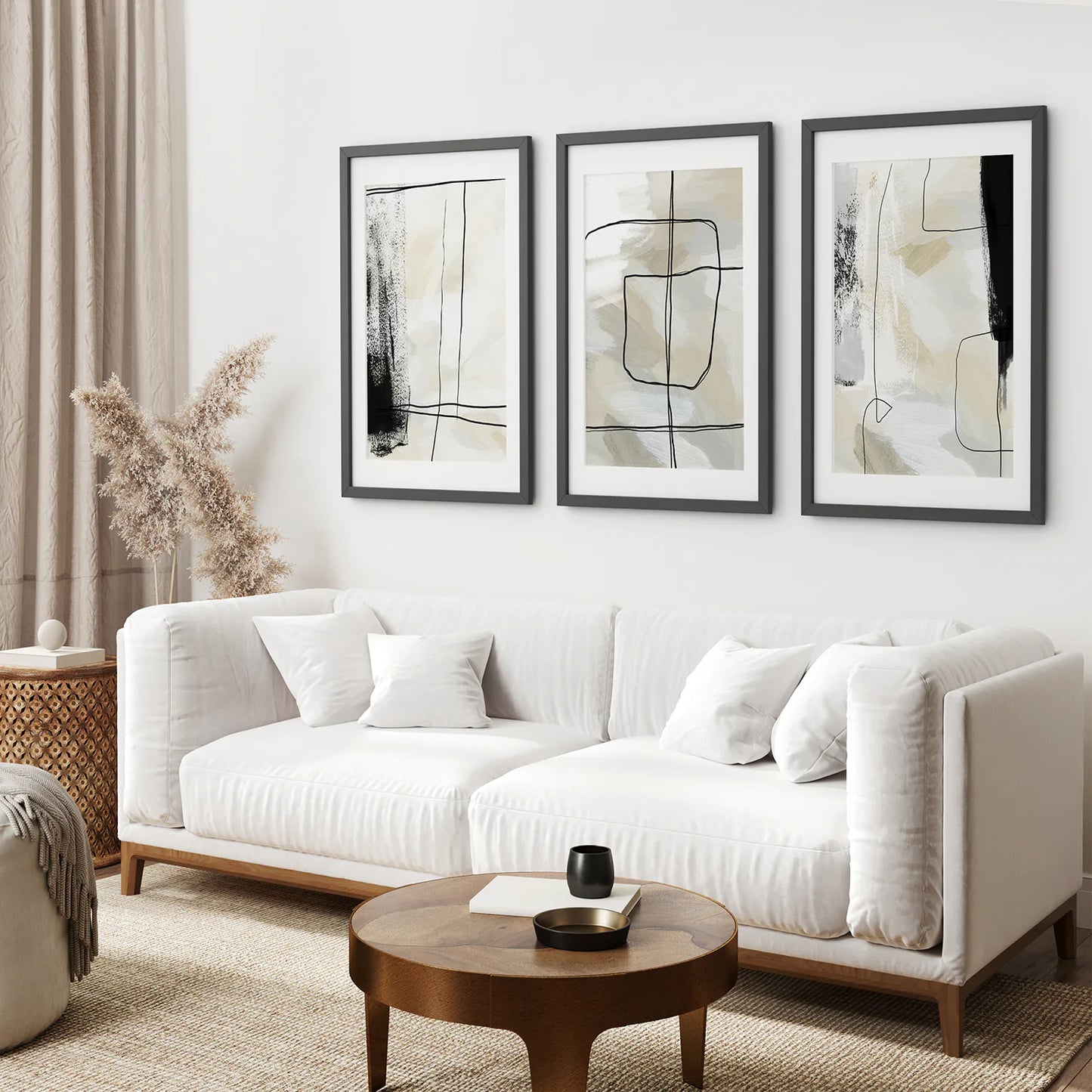 Black and Beige Minimalist Set of 3 Pieces. Nordic Abstract Style. Black Frame with Mat. Living Room