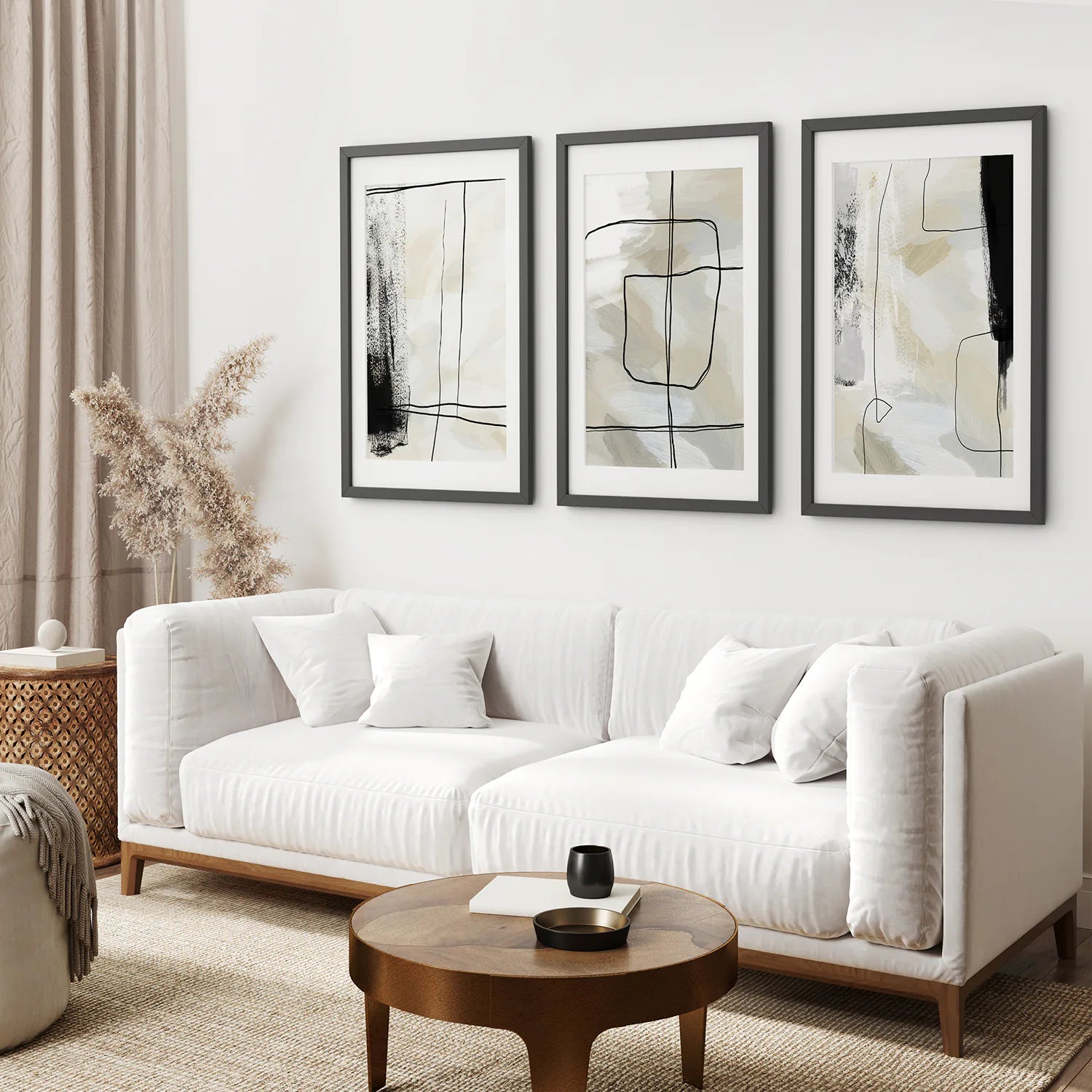 Black and Beige Minimalist Set of 3 Pieces. Nordic Abstract Style. Black Frame with Mat. Living Room