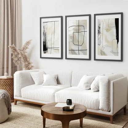 Black and Beige Minimalist Set of 3 Pieces. Nordic Abstract Style. Black Frame with Mat. Living Room