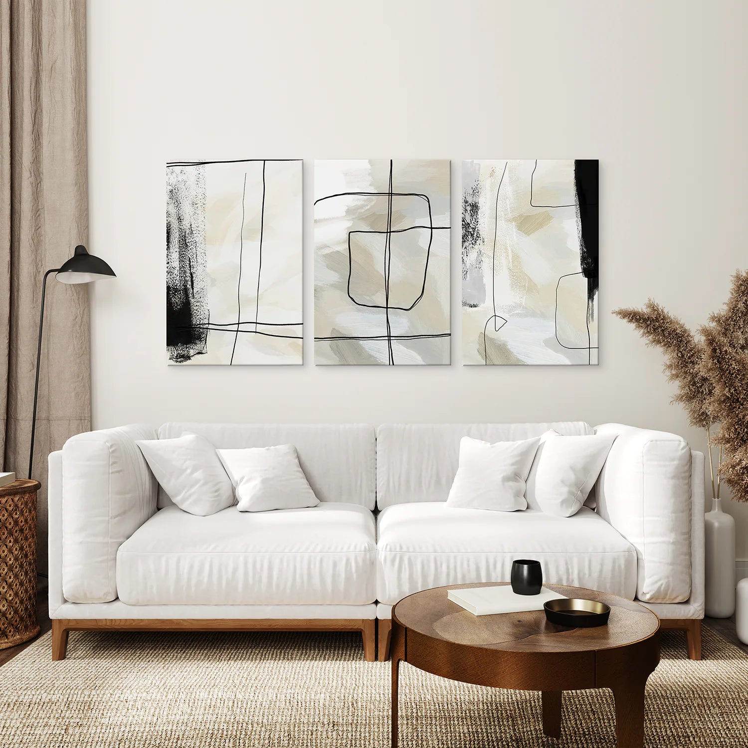 Black and Beige Minimalist Set of 3 Pieces. Nordic Abstract Style. Canvas Print. Living Room