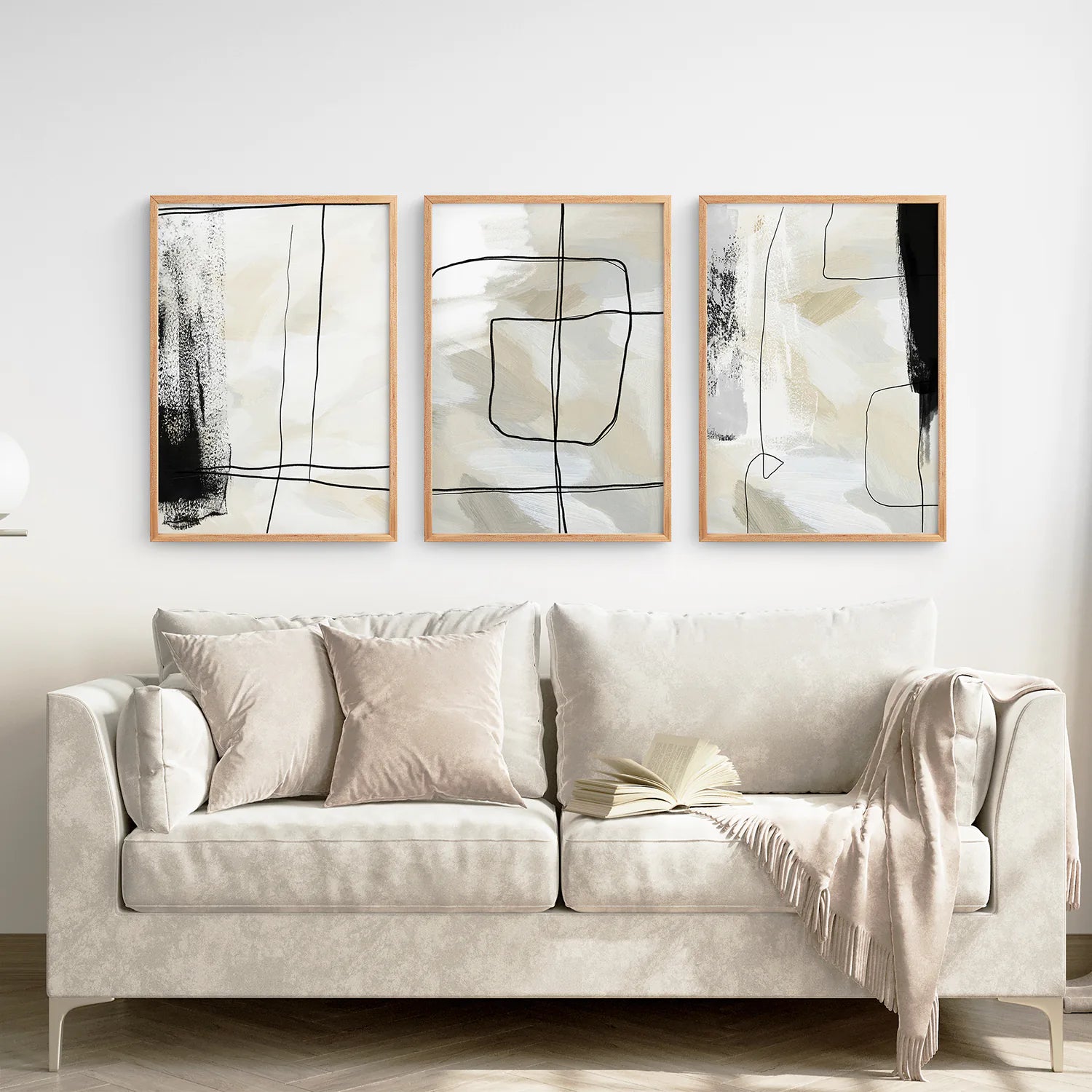 Black and Beige Minimalist Set of 3 Pieces. Nordic Abstract Style. Thinwood Frame. Living Room