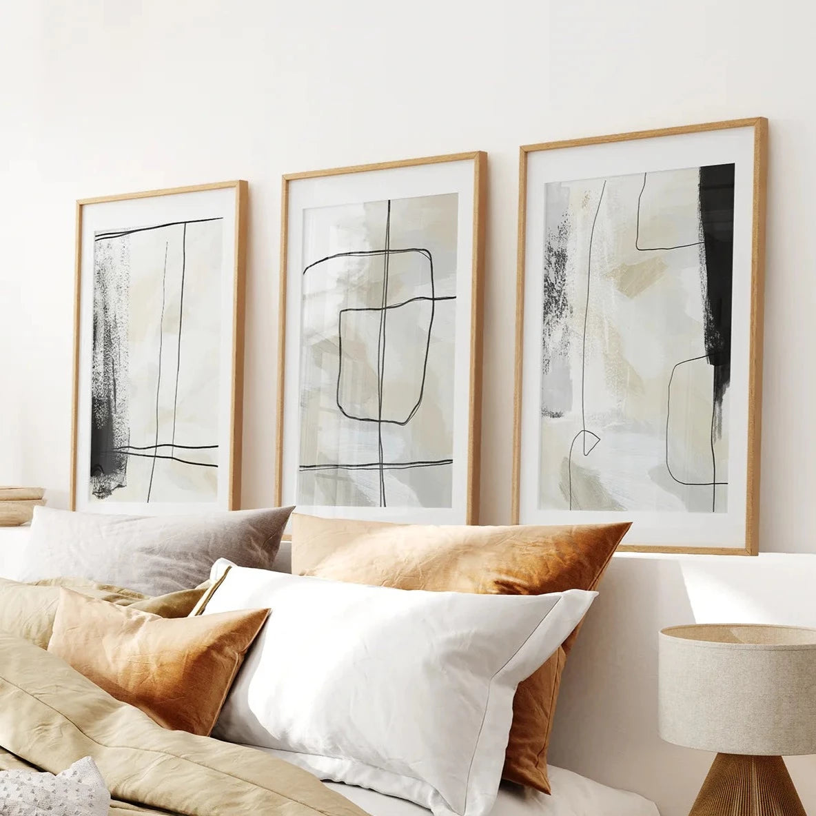 Black and Beige Minimalist Set of 3 Pieces. Nordic Abstract Style. Thinwood Frame with Mat. Bedroom